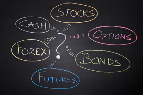 Different investment strategies or approaches such as stocks, cash, options, bonds, future, etc.